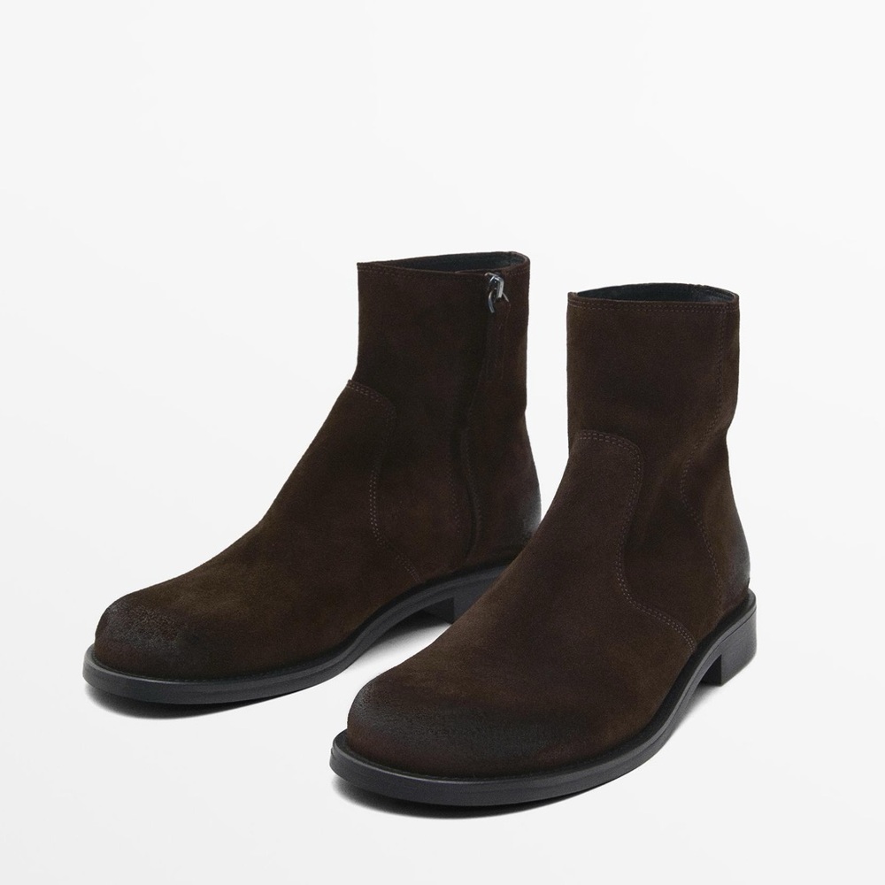 Massimo Dutti Greased Split Suede Flat Ankle Boots